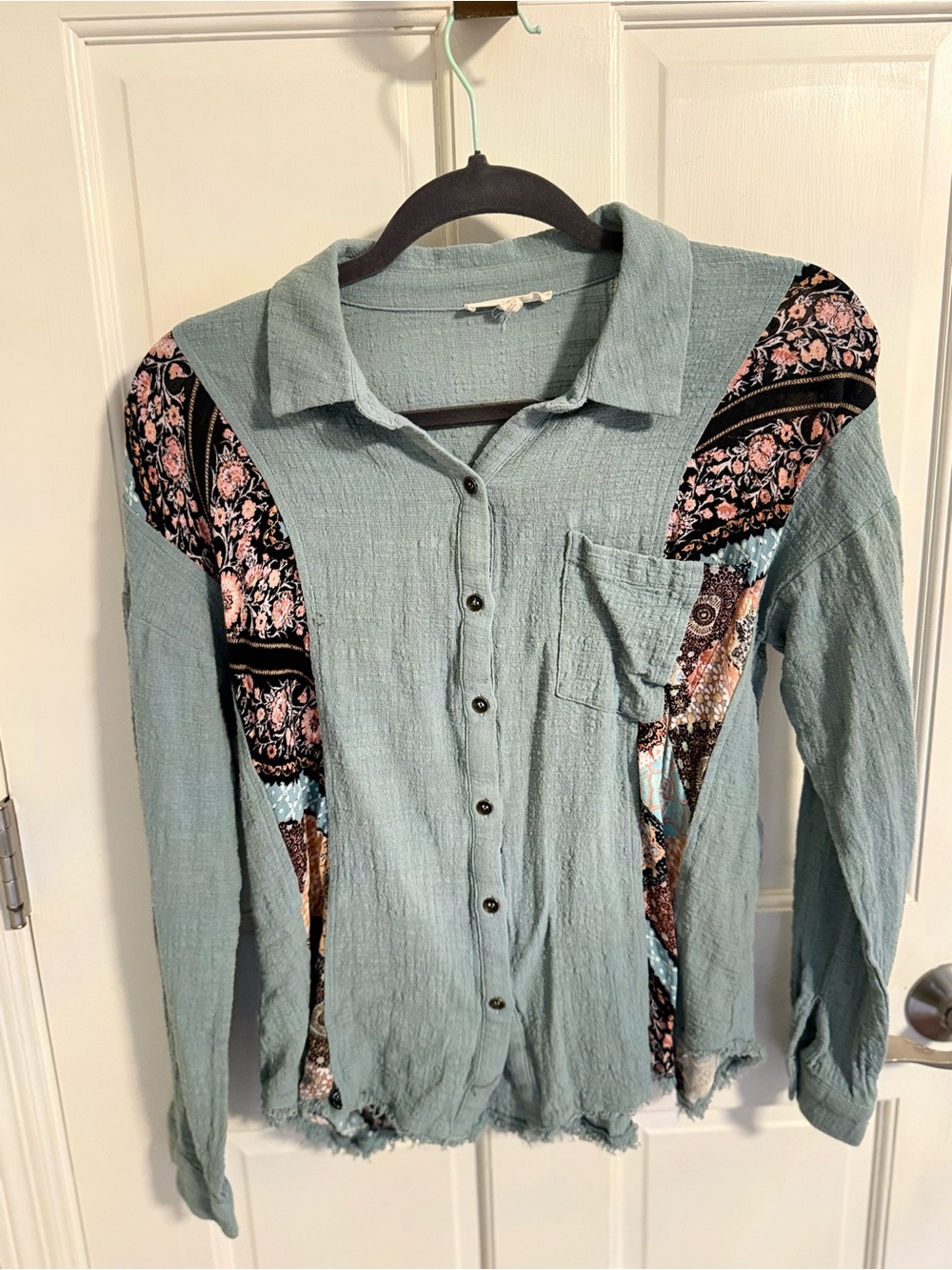 Mystree Light Teal Button-Front Shirt with Paisley Accents